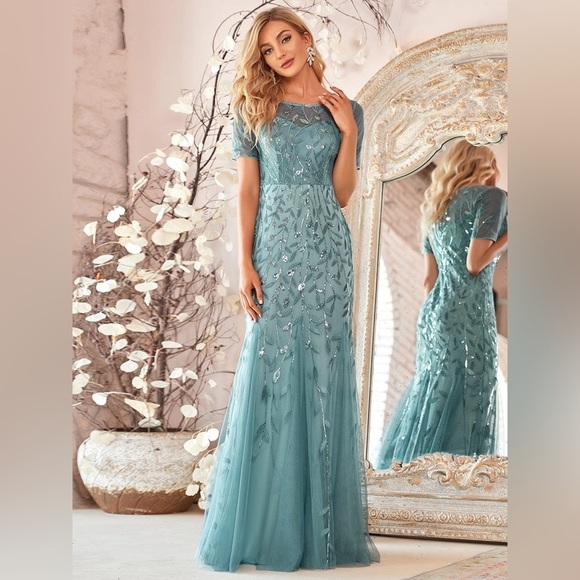 None Dresses & Skirts - 🆕 Floral Sequin Print Maxi Long Fishtail Formal Dresses With Half Sleeve